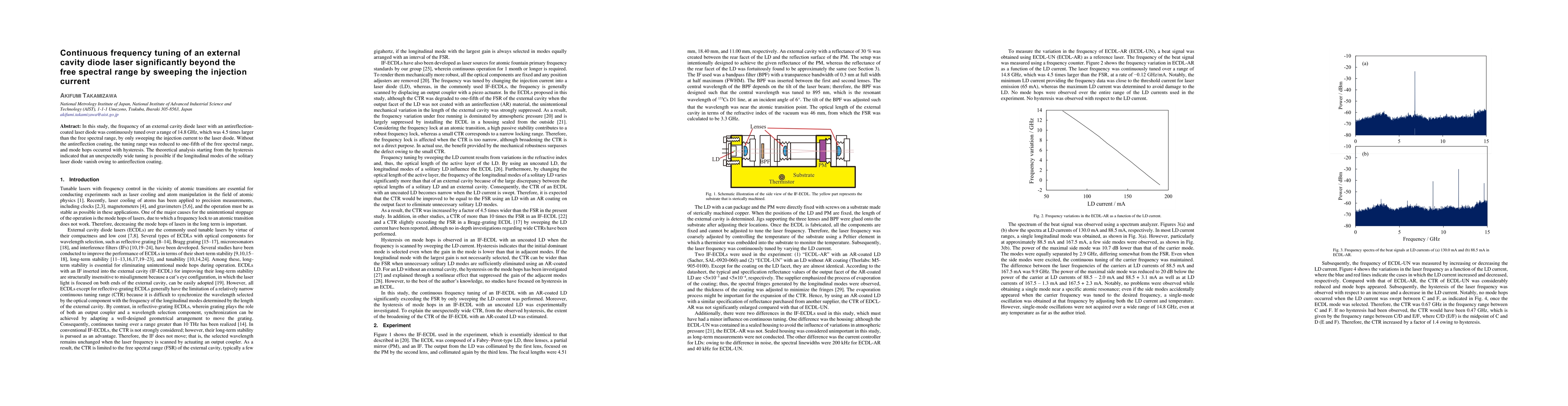 Thumbnail for Continuous frequency tuning of an external cavity diode laser
  significantly beyond the free spectral range by sweeping the injection
  current