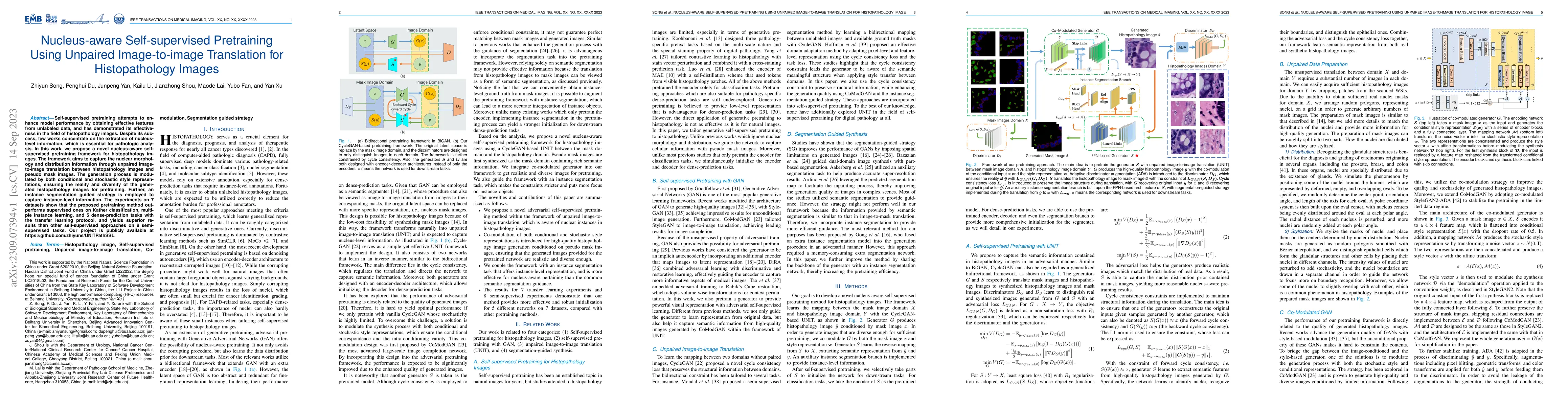 Thumbnail for Nucleus-aware Self-supervised Pretraining Using Unpaired Image-to-image
  Translation for Histopathology Images