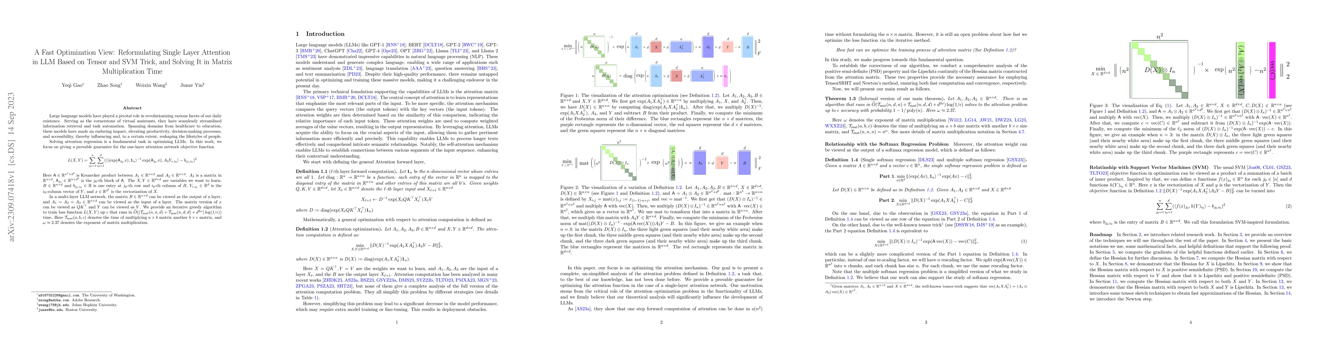 Thumbnail for A Fast Optimization View: Reformulating Single Layer Attention in LLM
  Based on Tensor and SVM Trick, and Solving It in Matrix Multiplication Time