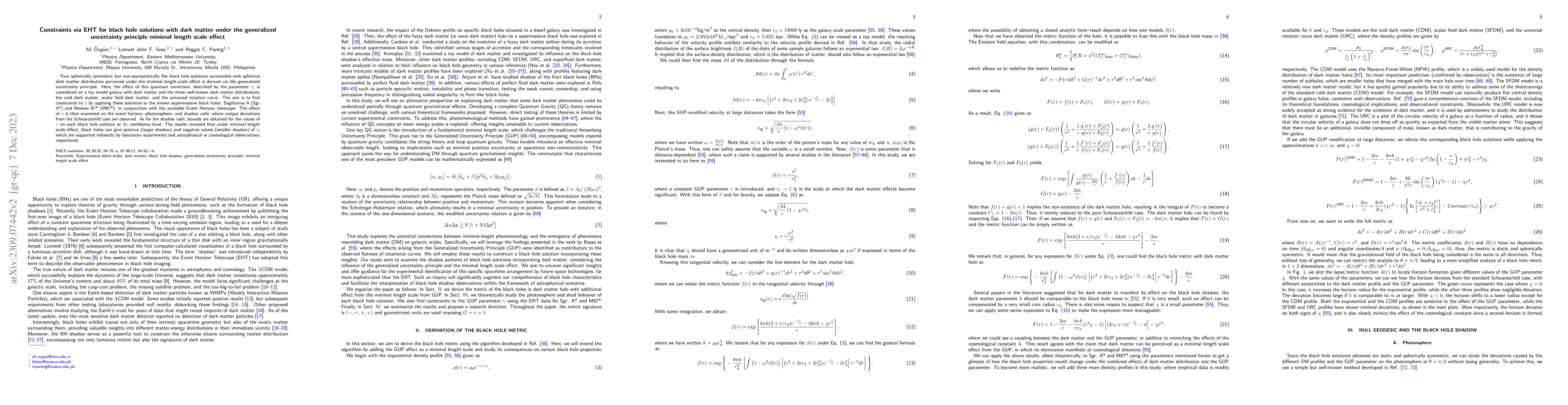 Thumbnail for Constraints via the Event Horizon Telescope for Black Hole Solutions
  with Dark Matter under the Generalized Uncertainty Principle Minimal Length
  Scale Effect