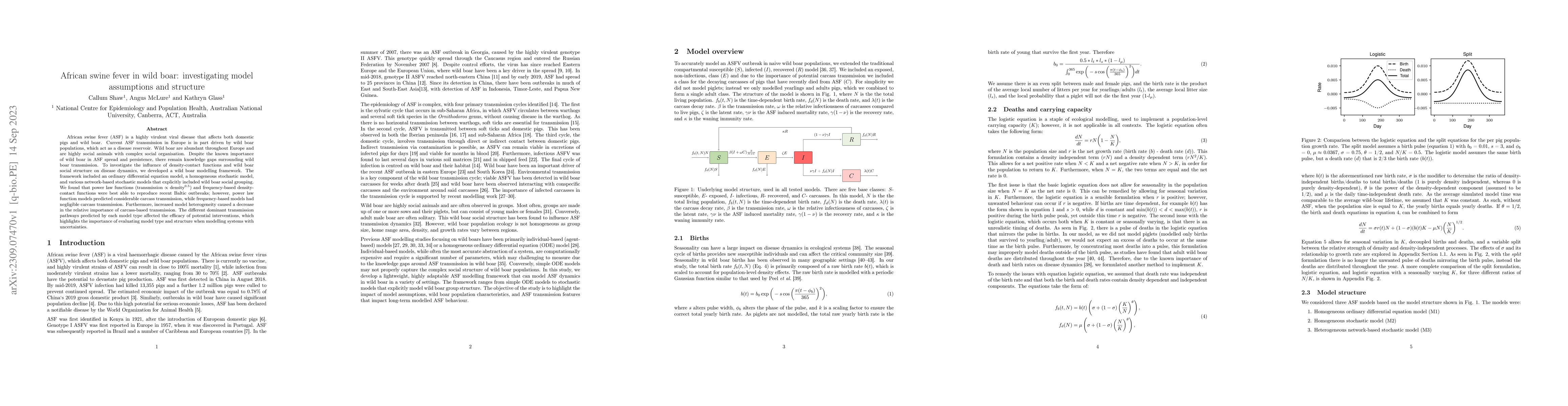 Thumbnail for African swine fever in wild boar: investigating model assumptions and
  structure