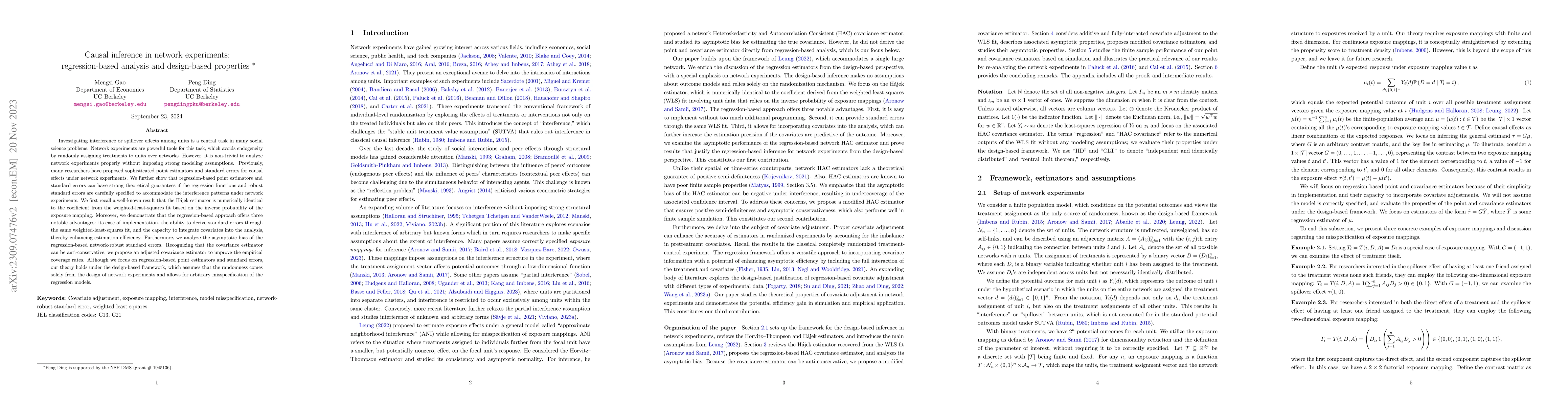 Thumbnail for Causal inference in network experiments: regression-based analysis and
  design-based properties