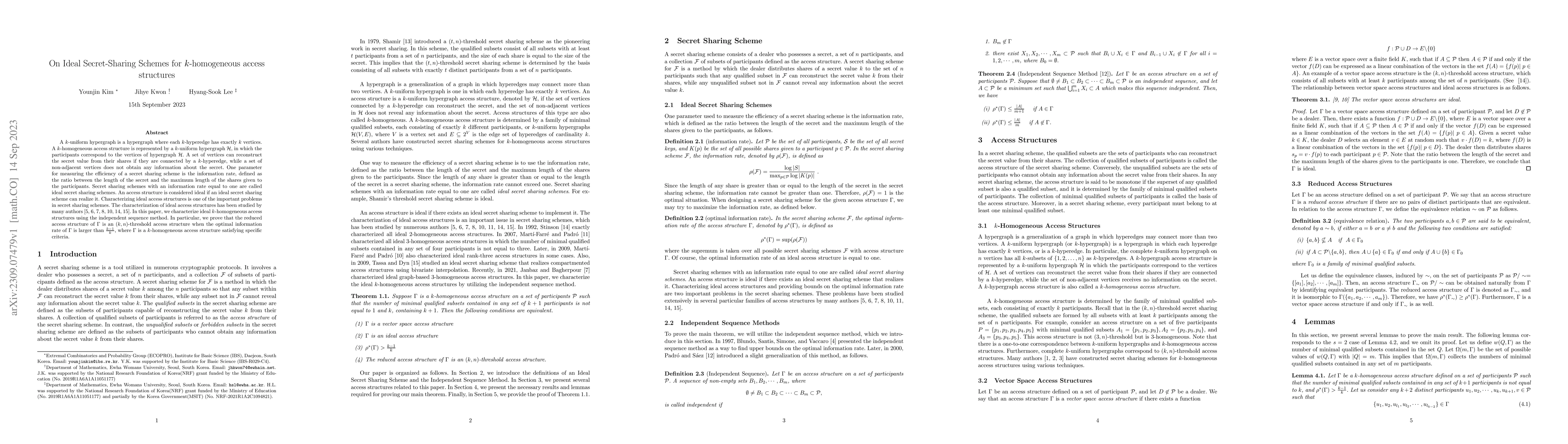 Thumbnail for On Ideal Secret-Sharing Schemes for $k$-homogeneous access structures