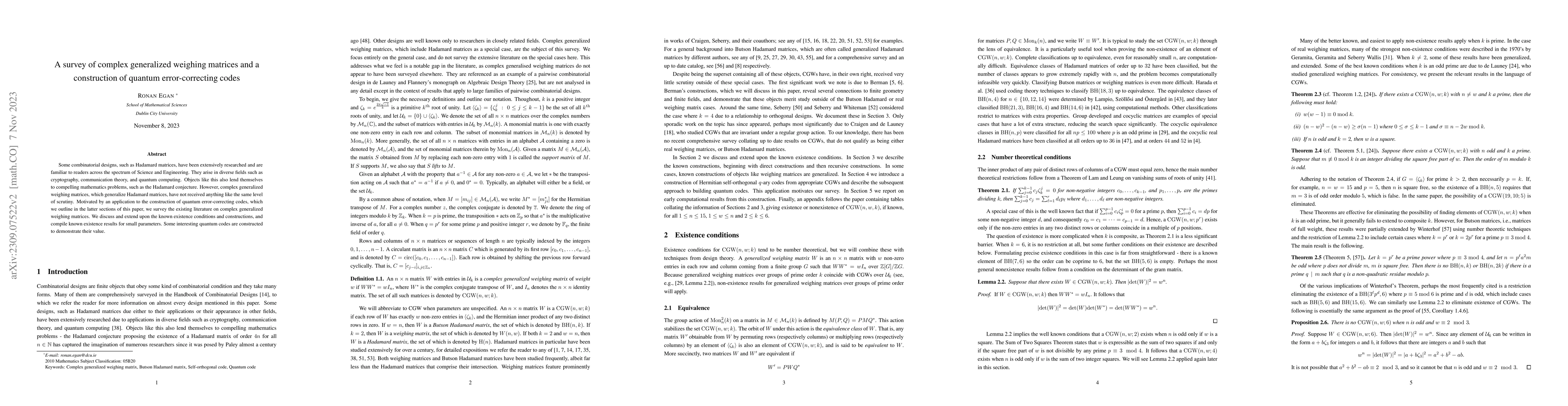 Thumbnail for A survey of complex generalized weighing matrices and a construction of
  quantum error-correcting codes