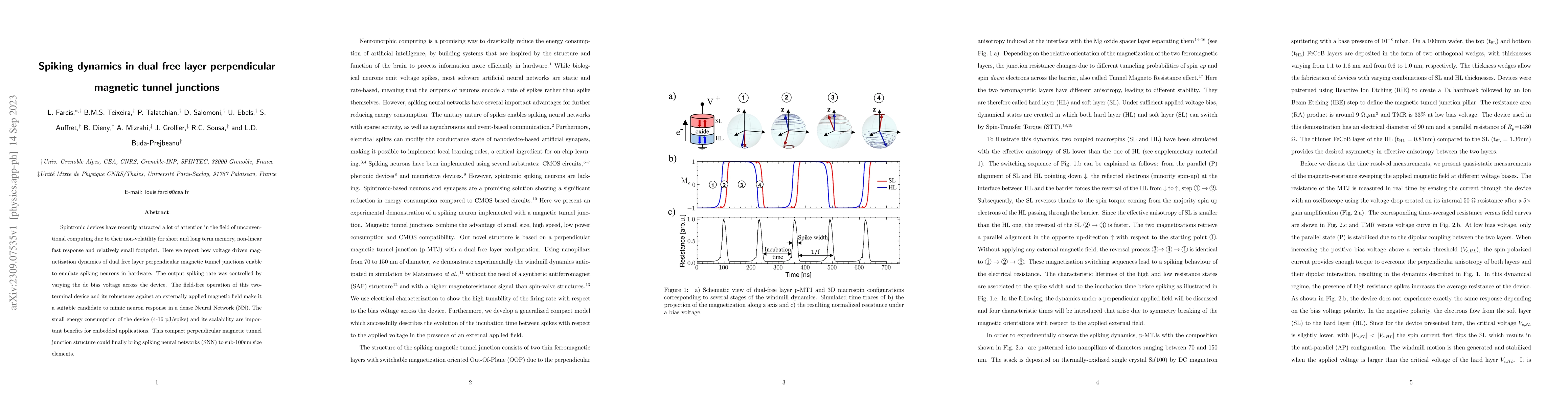 Thumbnail for Spiking Dynamics in Dual Free Layer Perpendicular Magnetic Tunnel
  Junctions