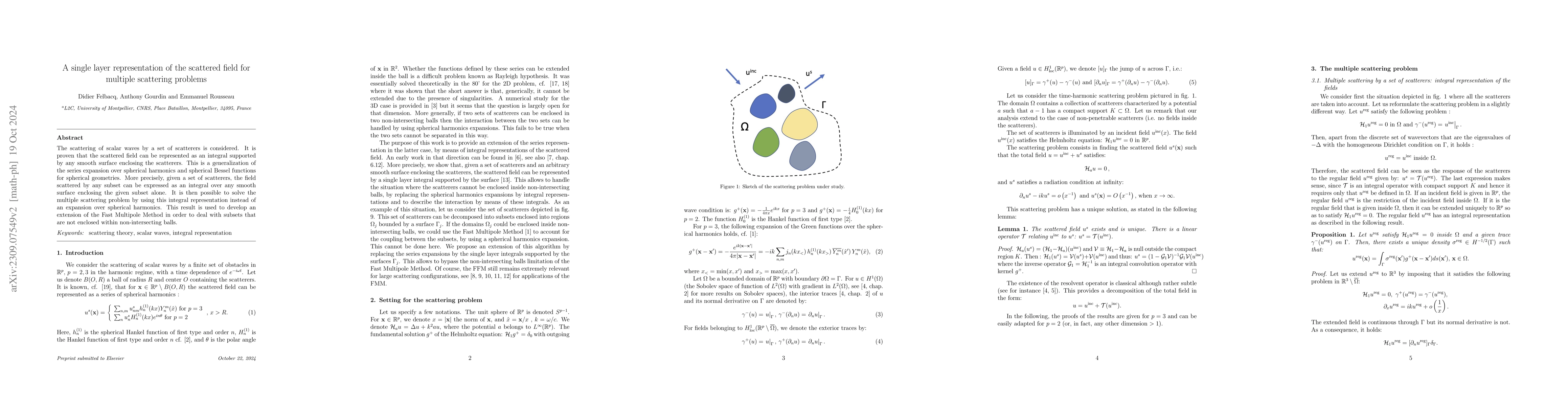 Thumbnail for A single layer representation of the scattered field for multiple
  scattering problems