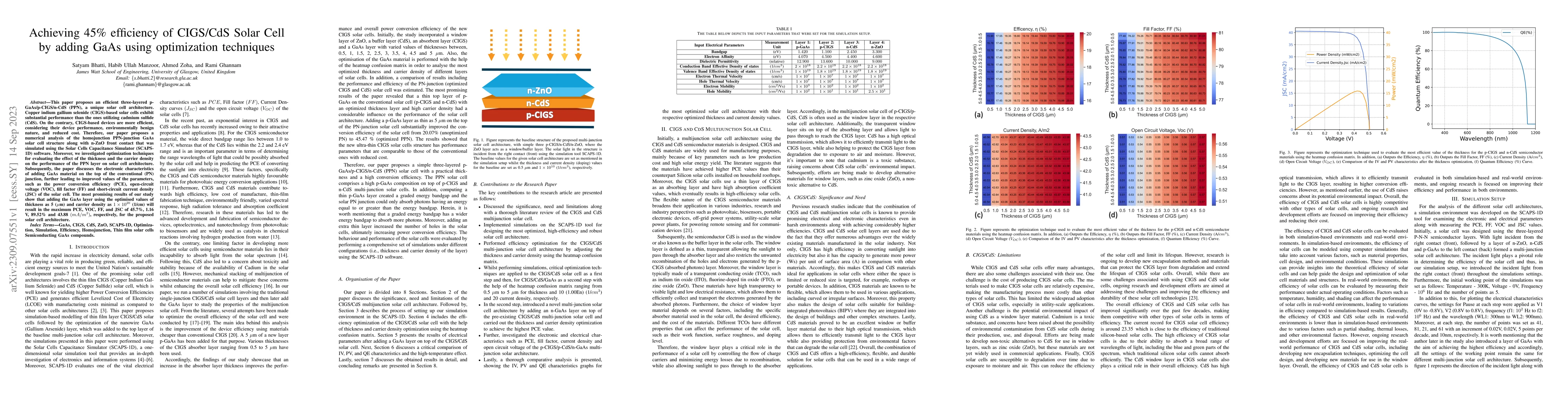Thumbnail for Achieving 45% efficiency of CIGS/CdS Solar Cell by adding GaAs using
  optimization techniques