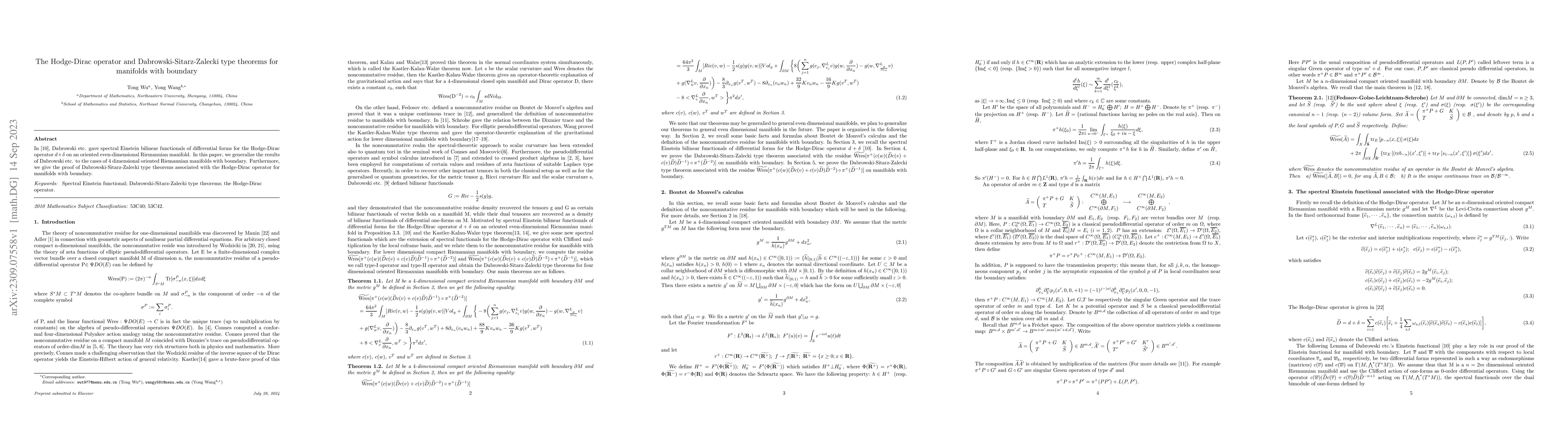 Thumbnail for The Hodge-Dirac operator and Dabrowski-Sitarz-Zalecki type theorems for
  manifolds with boundary