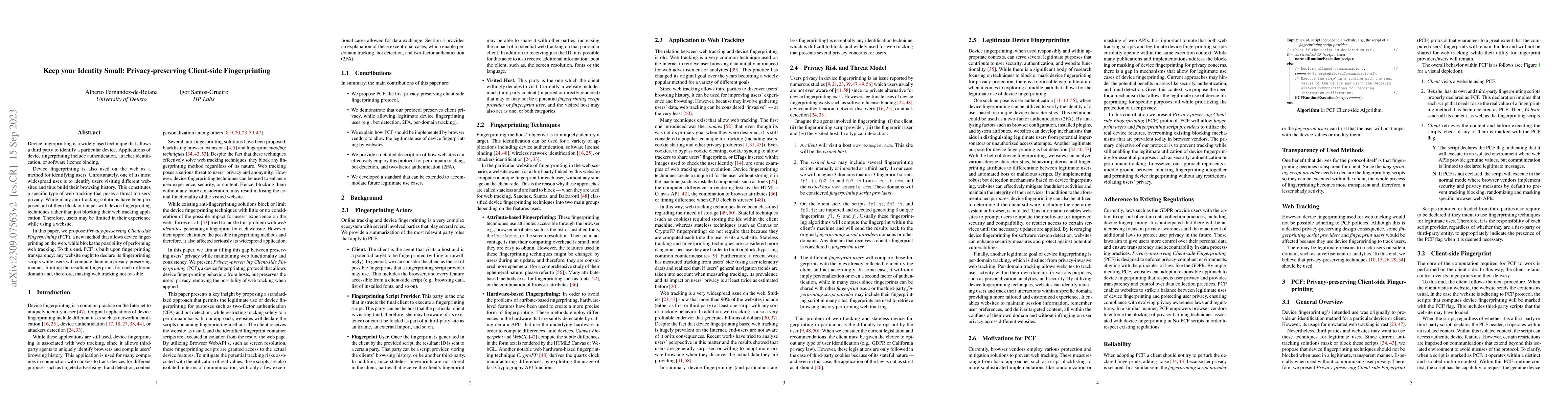 Thumbnail for Keep your Identity Small: Privacy-preserving Client-side Fingerprinting