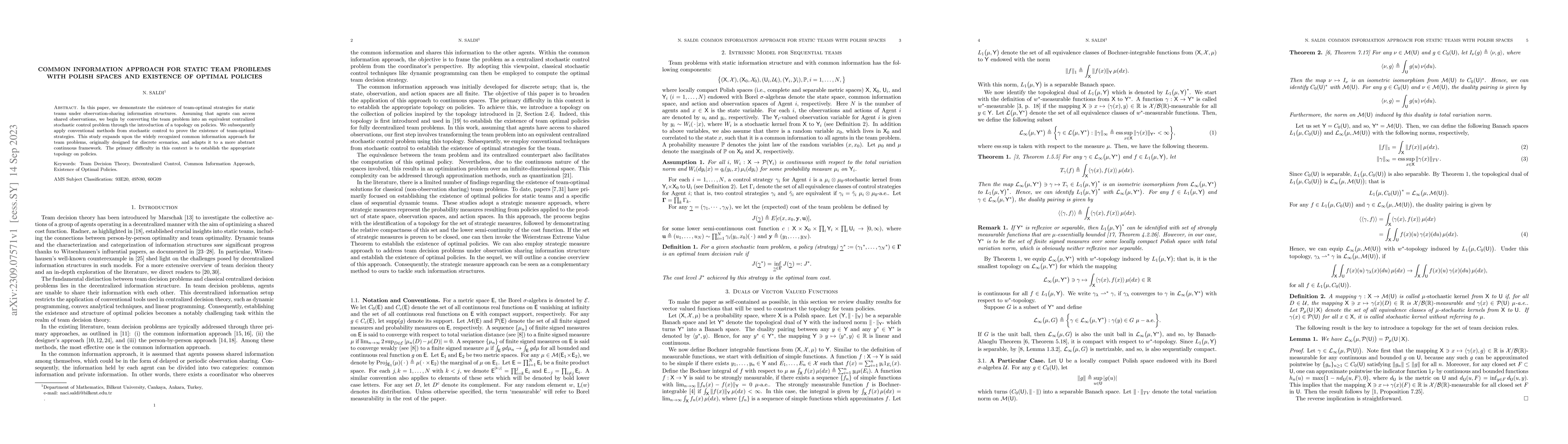 Thumbnail for Common Information Approach for Static Team Problems with Polish Spaces
  and Existence of Optimal Policies
