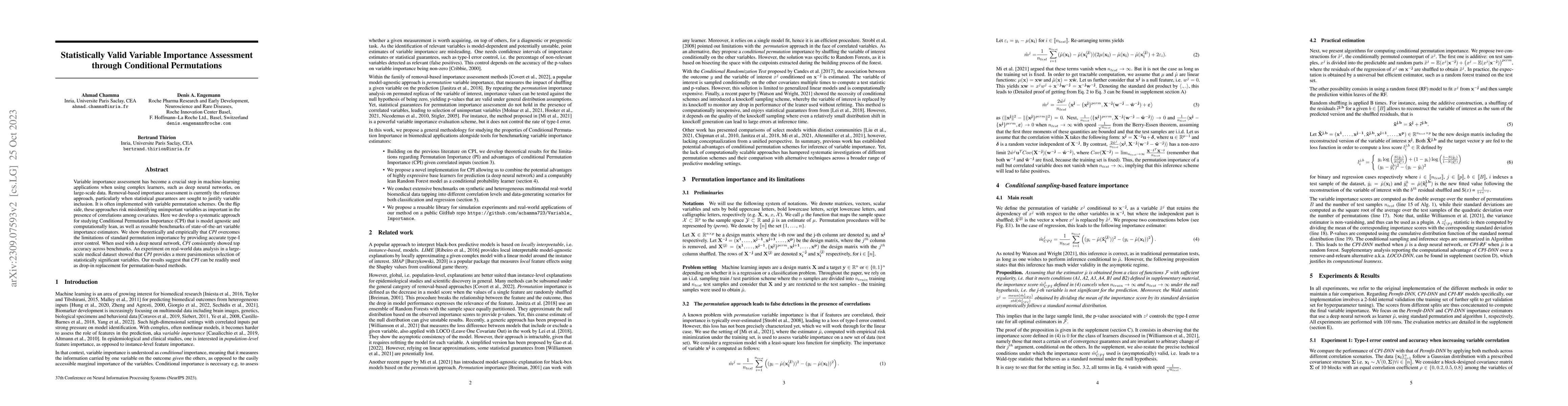 Thumbnail for Statistically Valid Variable Importance Assessment through Conditional
  Permutations