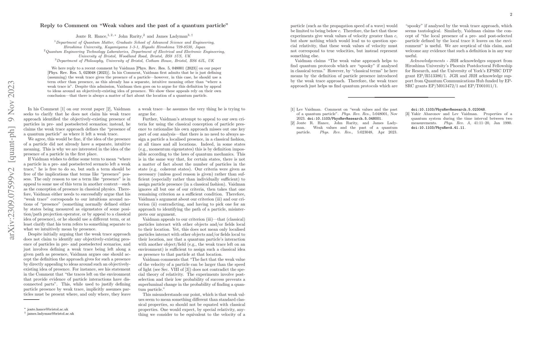 Thumbnail for Reply to "Comment on `Weak values and the past of a quantum particle' ''