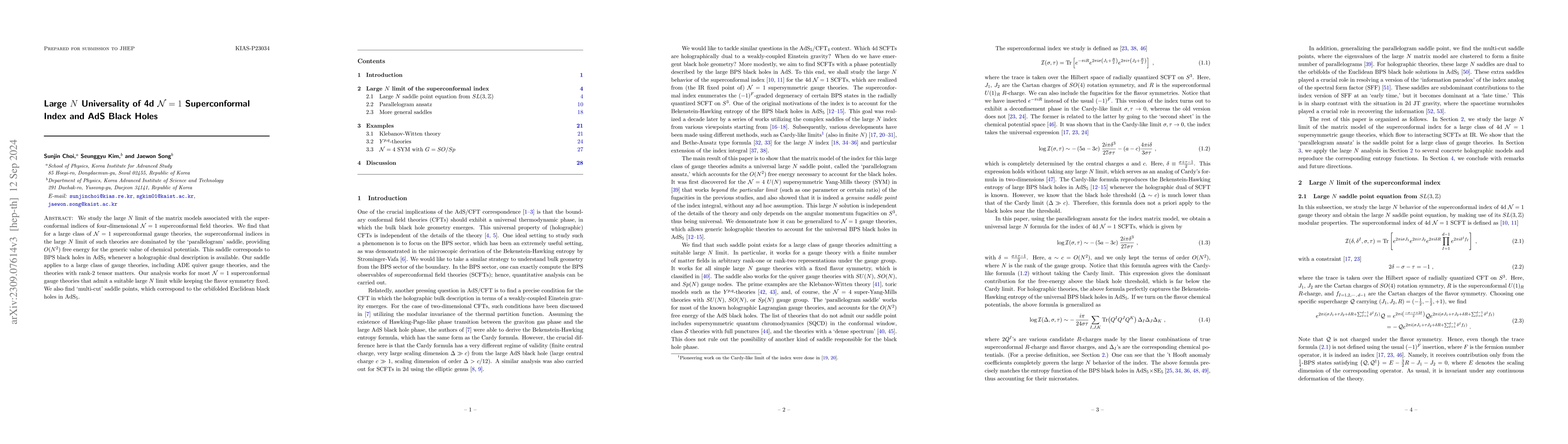 Thumbnail for Large $N$ Universality of 4d $\mathcal{N}=1$ Superconformal Index and
  AdS Black Holes