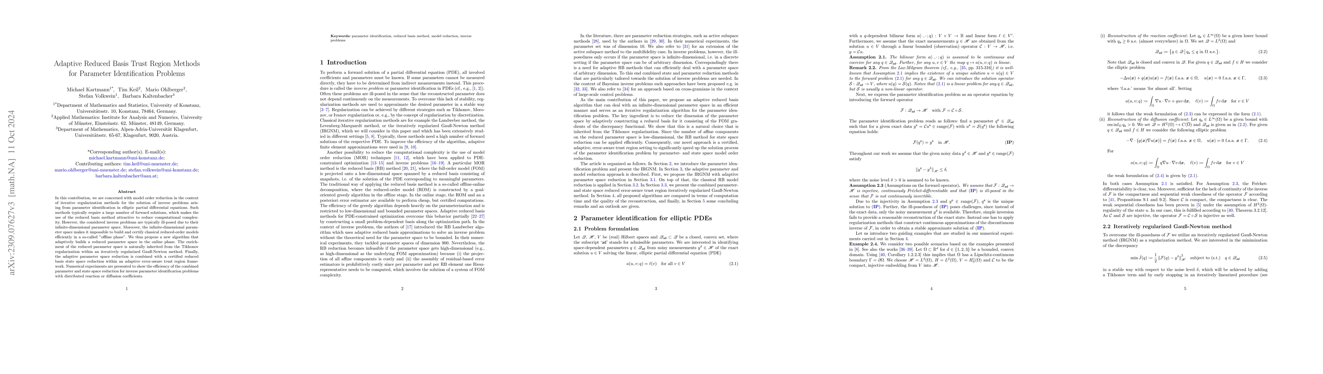 Thumbnail for Adaptive Reduced Basis Trust Region Methods for Parameter Identification
  Problems