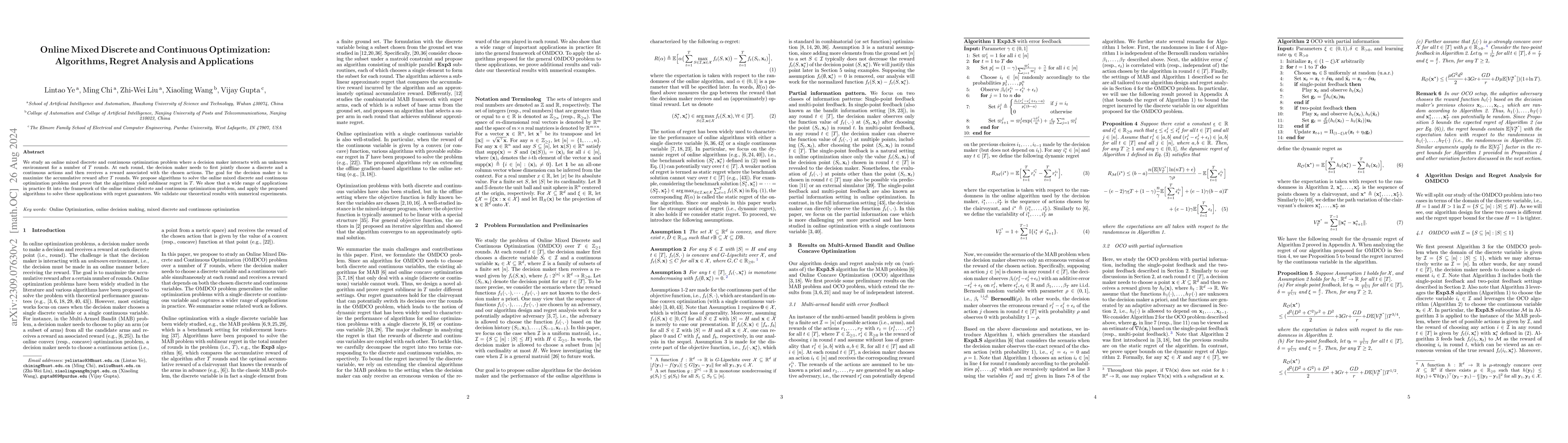 Thumbnail for Online Mixed Discrete and Continuous Optimization: Algorithms, Regret
  Analysis and Applications