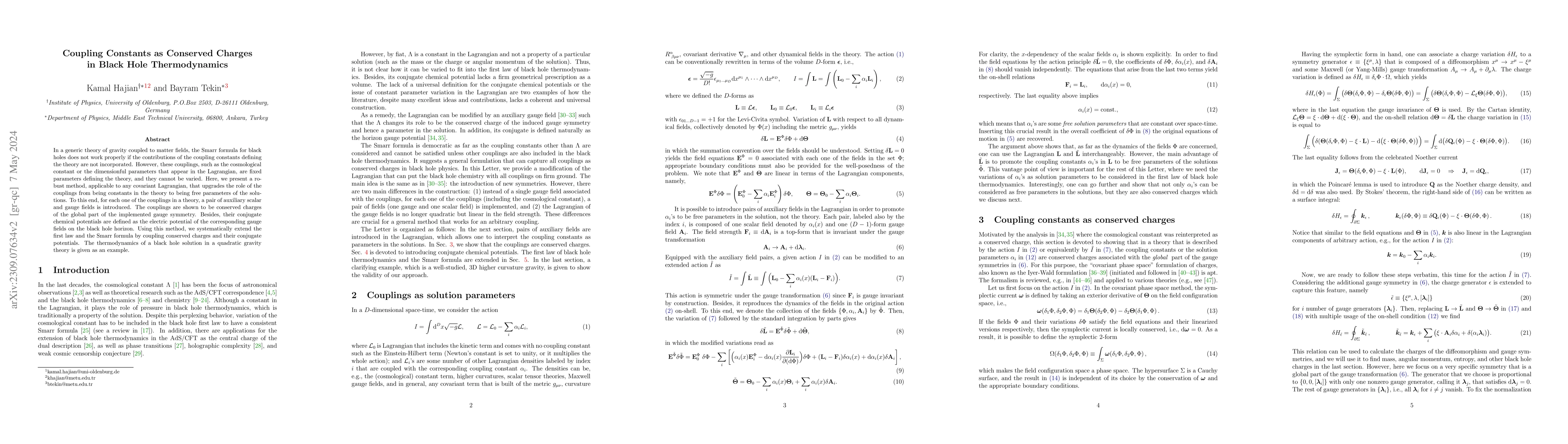 Thumbnail for Coupling Constants as Conserved Charges in Black Hole Thermodynamics