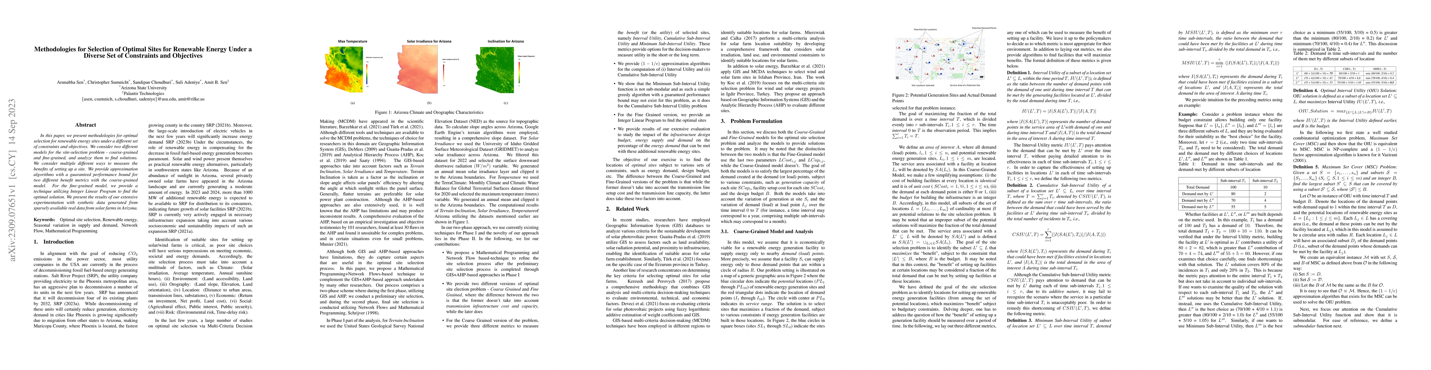 Thumbnail for Methodologies for Selection of Optimal Sites for Renewable Energy Under
  a Diverse Set of Constraints and Objectives