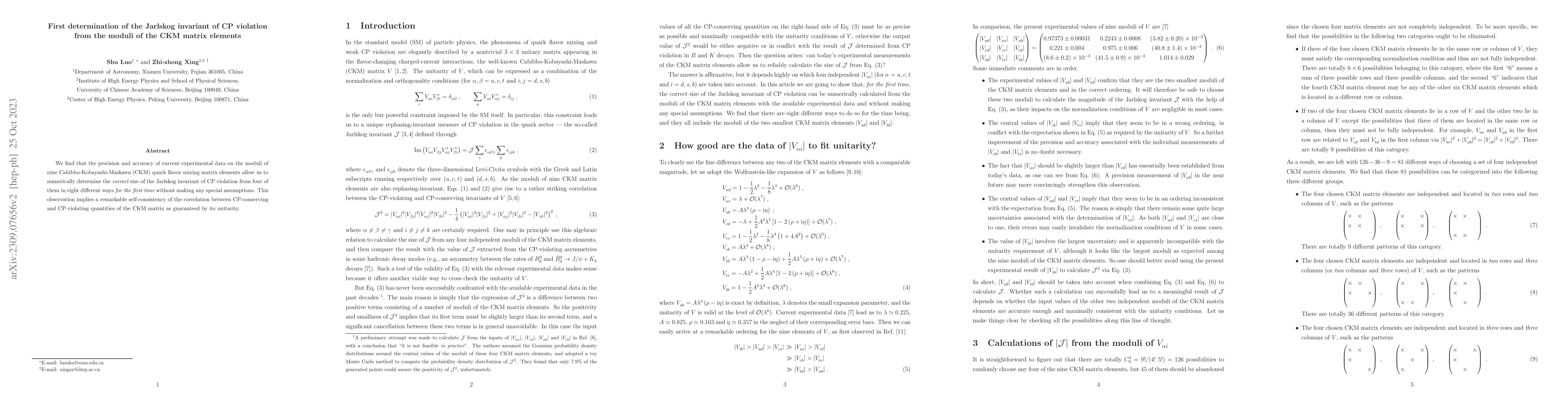 Thumbnail for First determination of the Jarlskog invariant of CP violation from the
  moduli of the CKM matrix elements