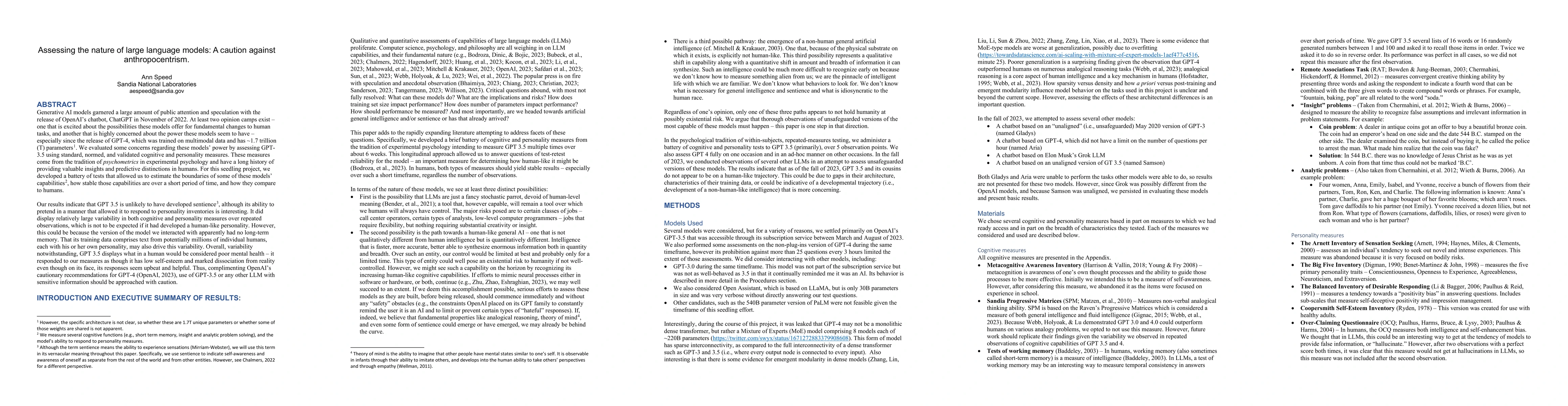 Thumbnail for Assessing the nature of large language models: A caution against
  anthropocentrism