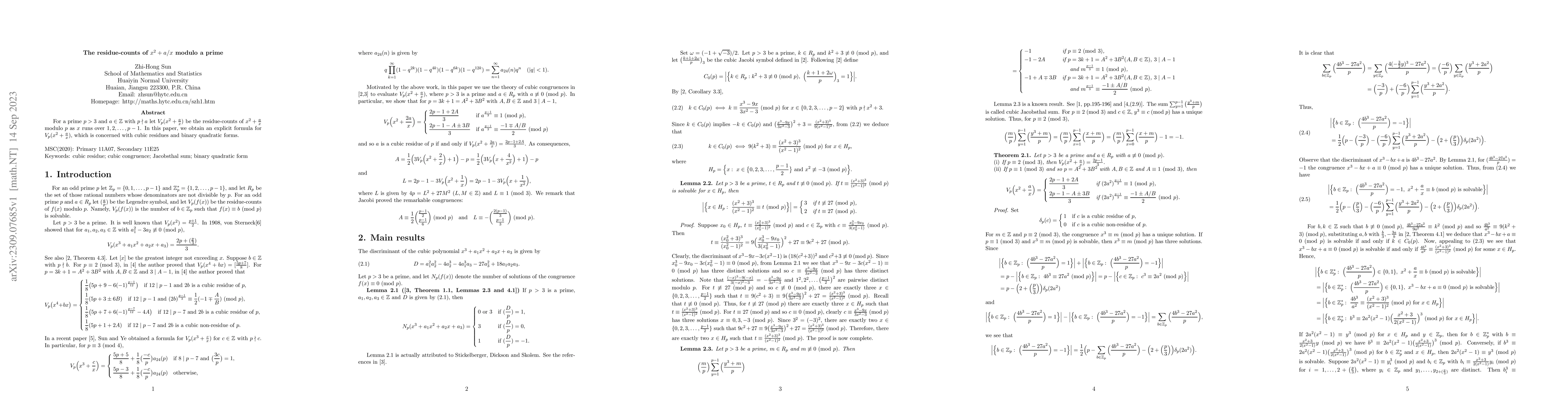 Thumbnail for The residue-counts of $x^2+a/x$ modulo a prime