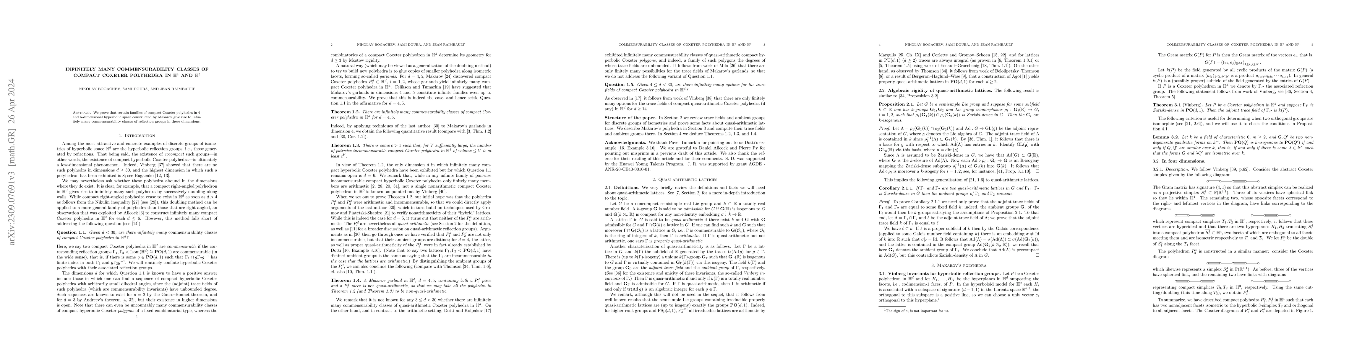 Thumbnail for Infinitely many commensurability classes of compact Coxeter polyhedra in
  $\mathbb{H}^4$ and $\mathbb{H}^5$