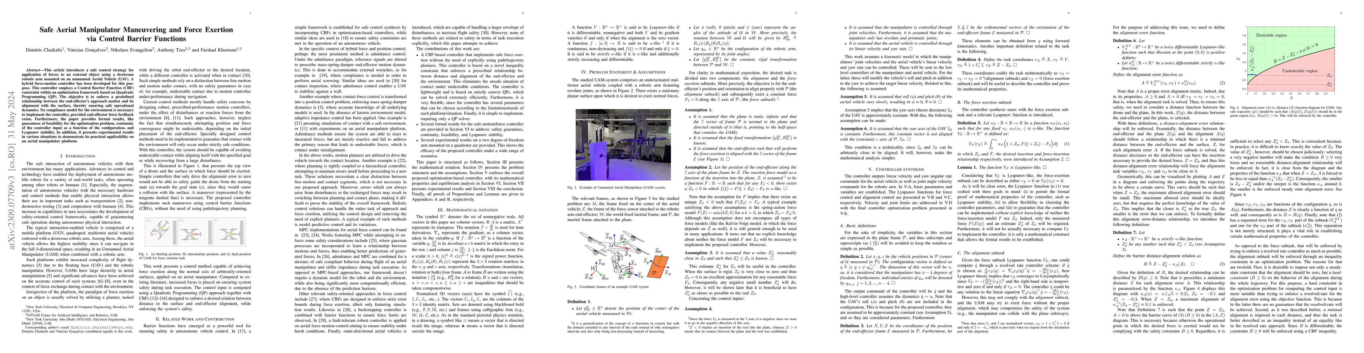 Thumbnail for Safe Aerial Manipulator Maneuvering and Force Exertion via Control
  Barrier Functions