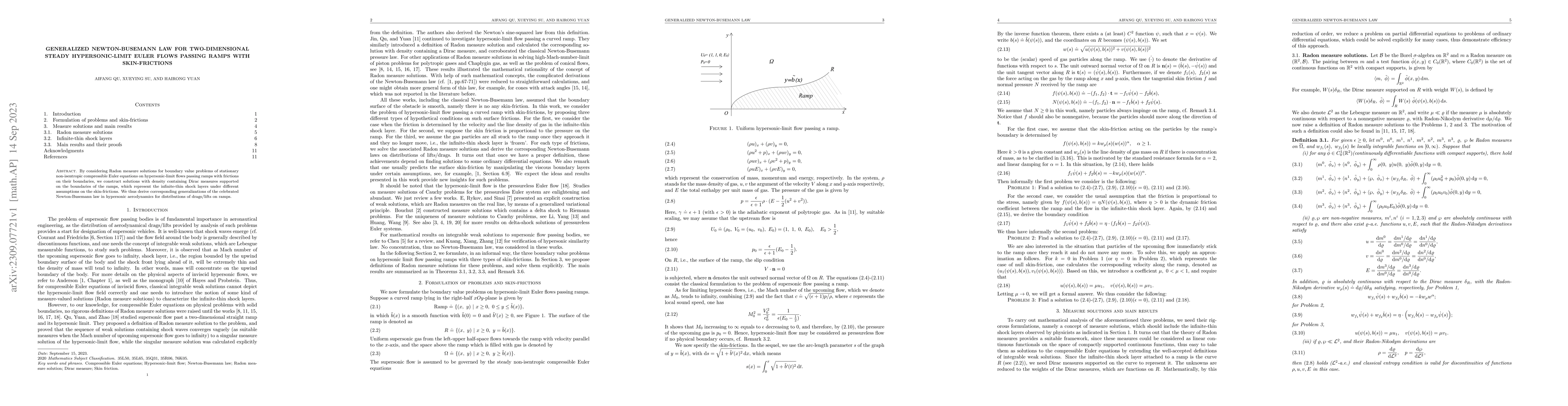 Thumbnail for Generalized Newton-Busemann Law For Two-Dimensional Steady
  Hypersonic-limit Euler Flows Passing Ramps With Skin-Frictions