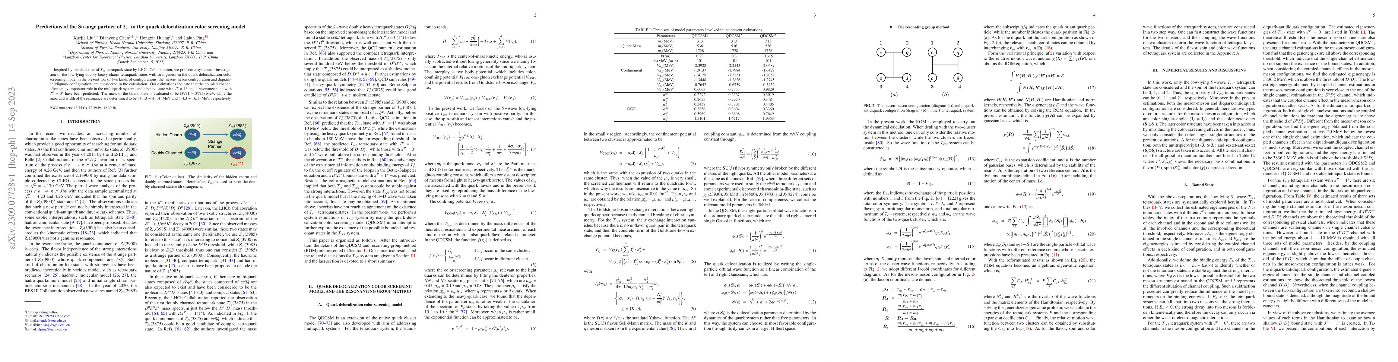 Thumbnail for Predictions of the Strange partner of $T_{cc}$ in the quark
  delocalization color screening model