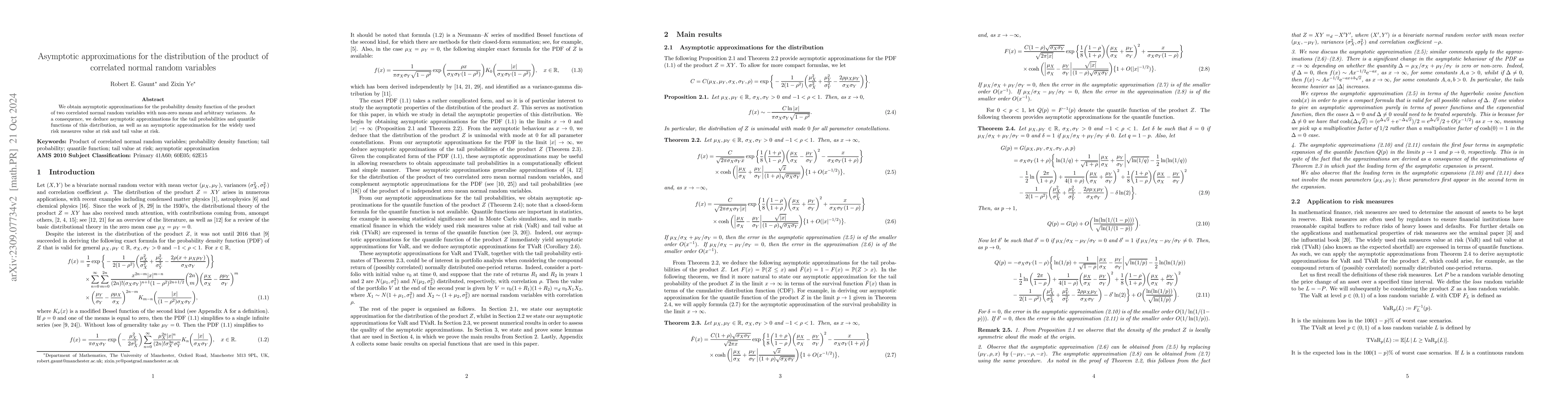 Thumbnail for Asymptotic approximations for the distribution of the product of
  correlated normal random variables