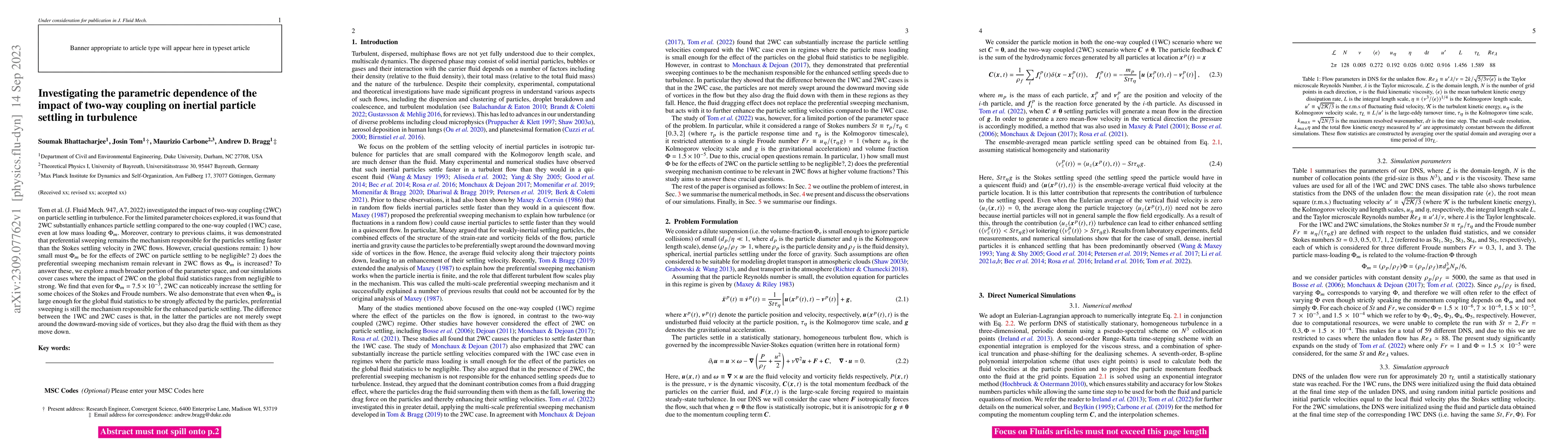 Thumbnail for Investigating the parametric dependence of the impact of two-way
  coupling on inertial particle settling in turbulence