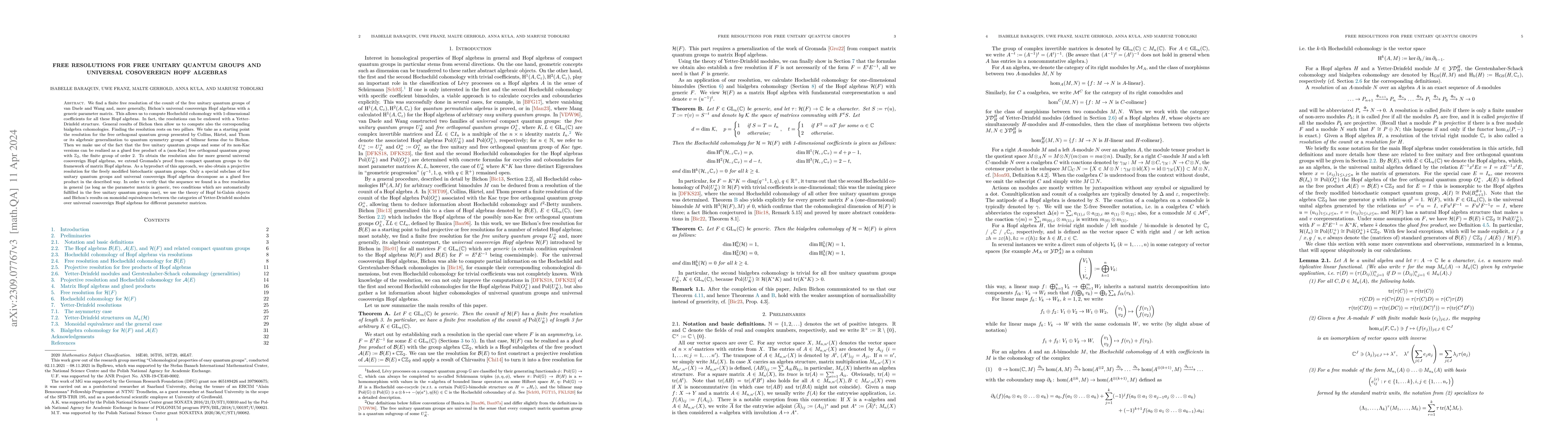 Thumbnail for Free resolutions for free unitary quantum groups and universal
  cosovereign Hopf algebras