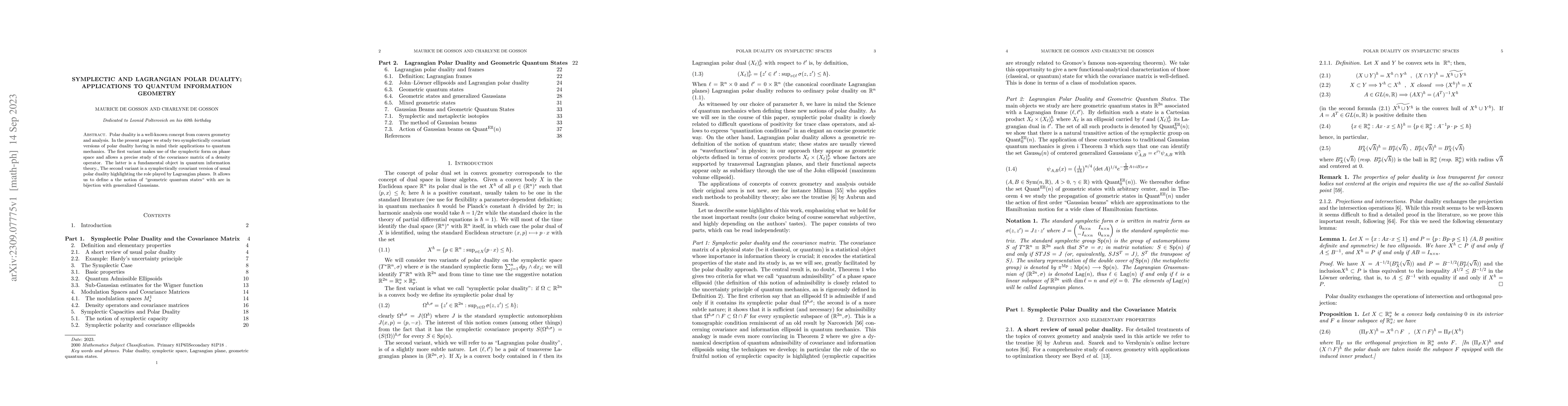 Thumbnail for Symplectic and Lagrangian Polar Duality; Applications to Quantum
  Information Geometry