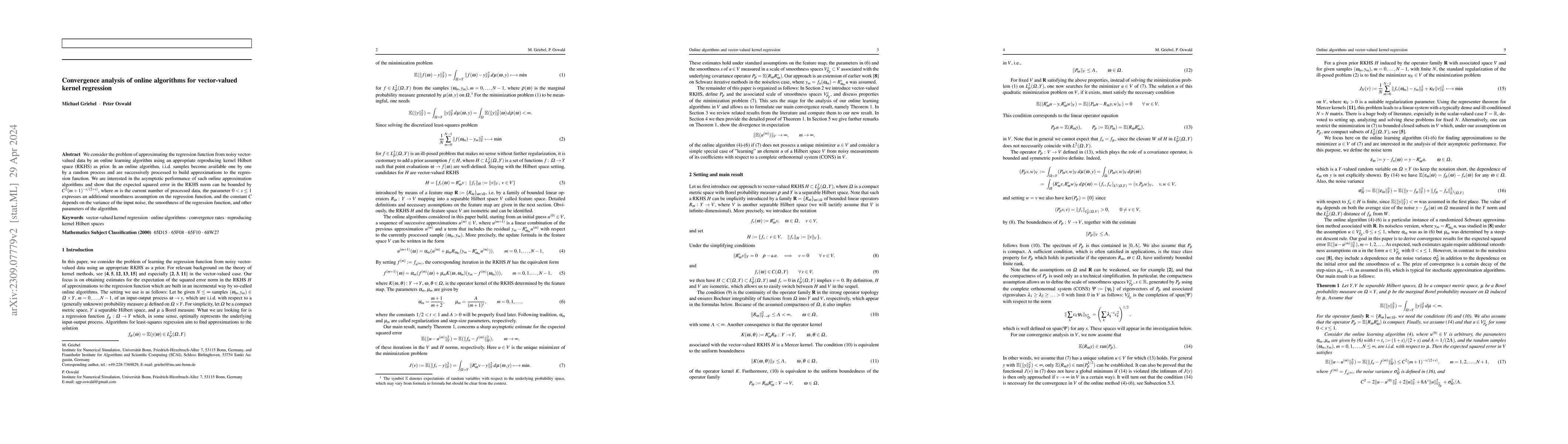 Thumbnail for Convergence analysis of online algorithms for vector-valued kernel
  regression