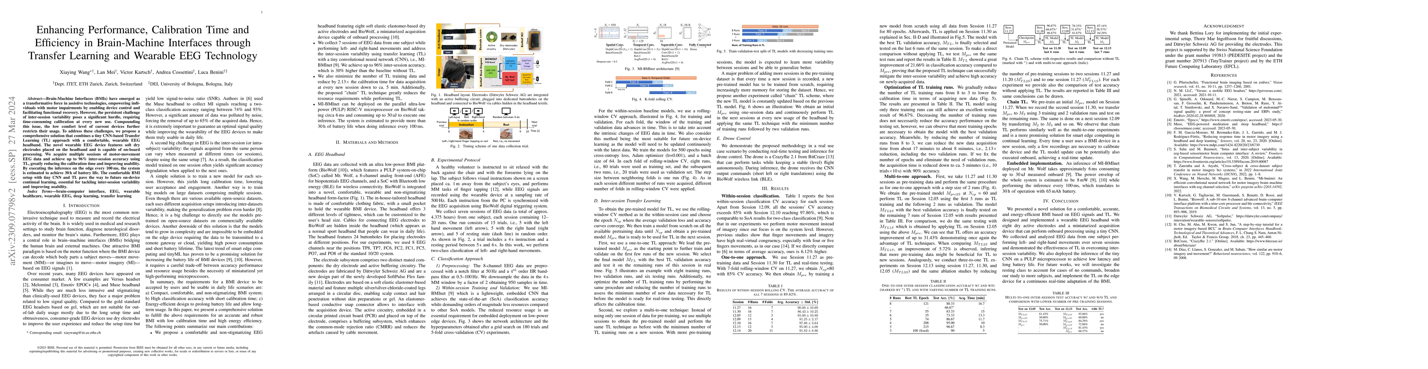 Thumbnail for Enhancing Performance, Calibration Time and Efficiency in Brain-Machine
  Interfaces through Transfer Learning and Wearable EEG Technology
