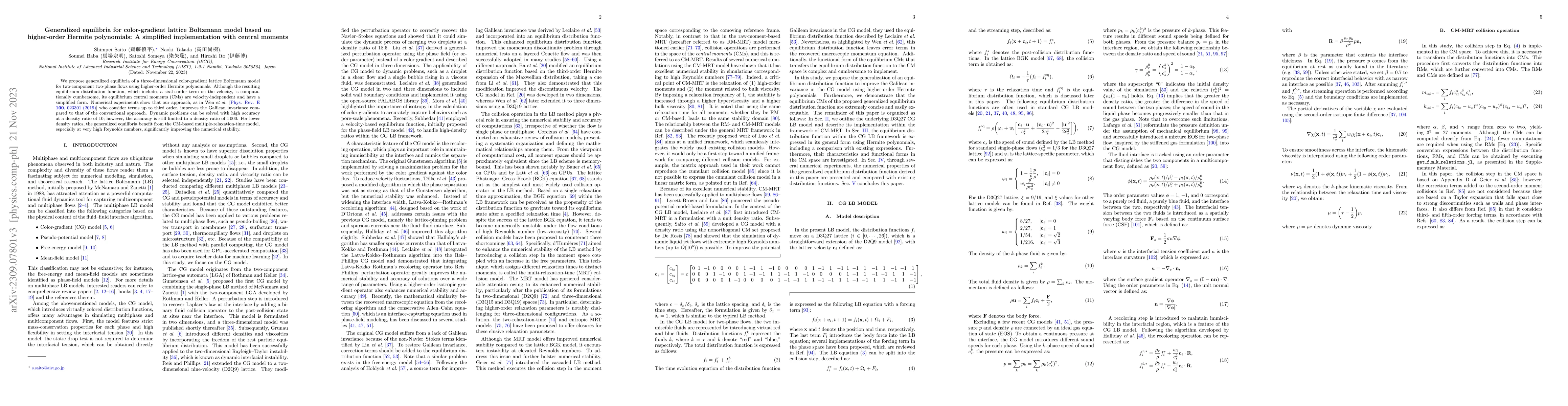 Thumbnail for Generalized equilibria for color-gradient lattice Boltzmann model based
  on higher-order Hermite polynomials: A simplified implementation with central
  moments