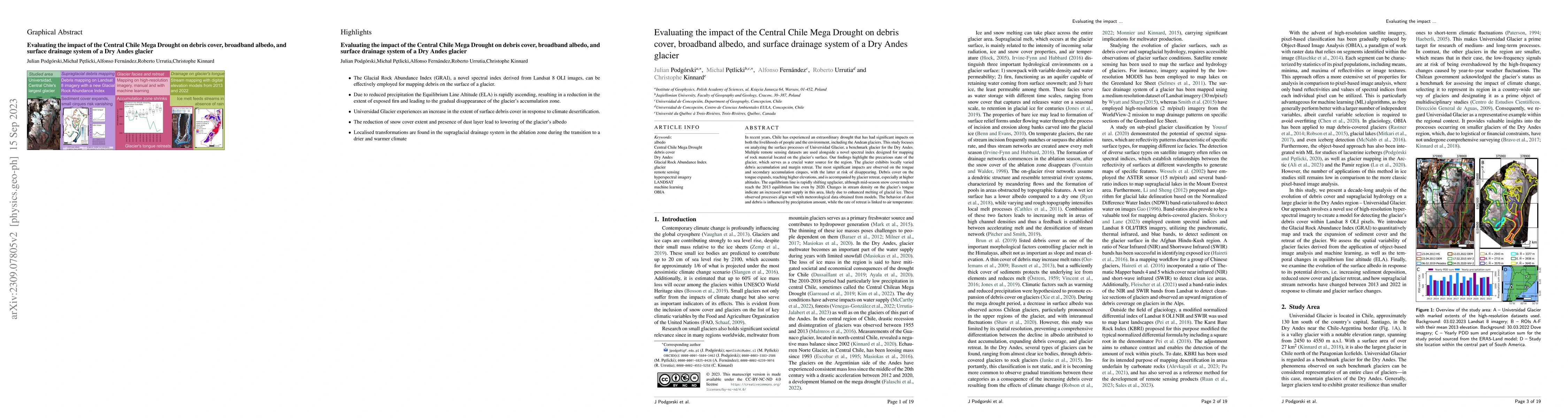Thumbnail for Evaluating the impact of the Central Chile Mega Drought on debris cover,
  broadband albedo, and surface drainage system of a Dry Andes glacier