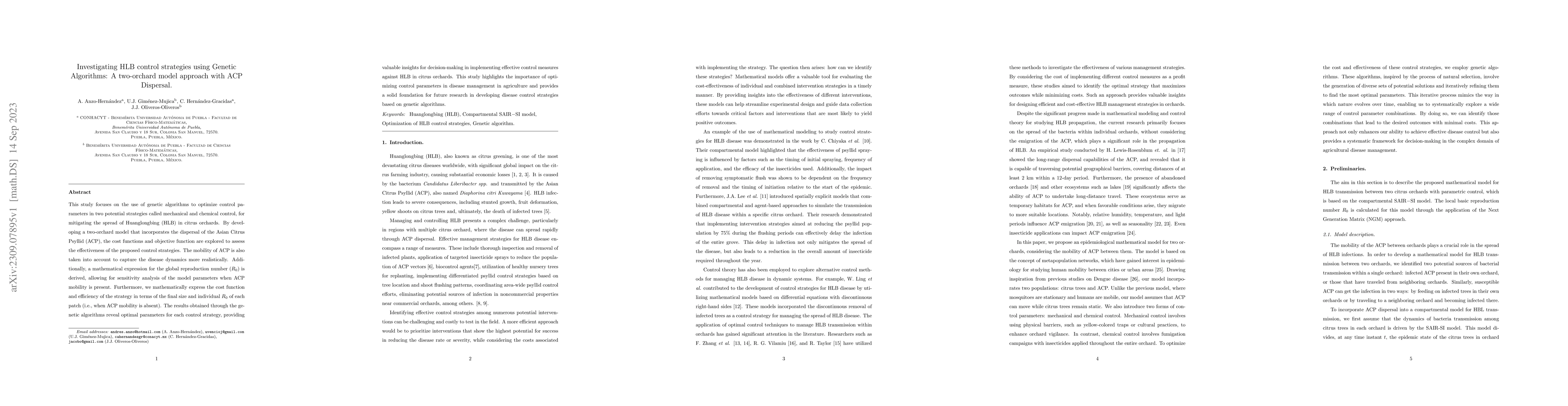 Thumbnail for Investigating HLB control strategies using Genetic Algorithms: A
  two-orchard model approach with ACP Dispersal