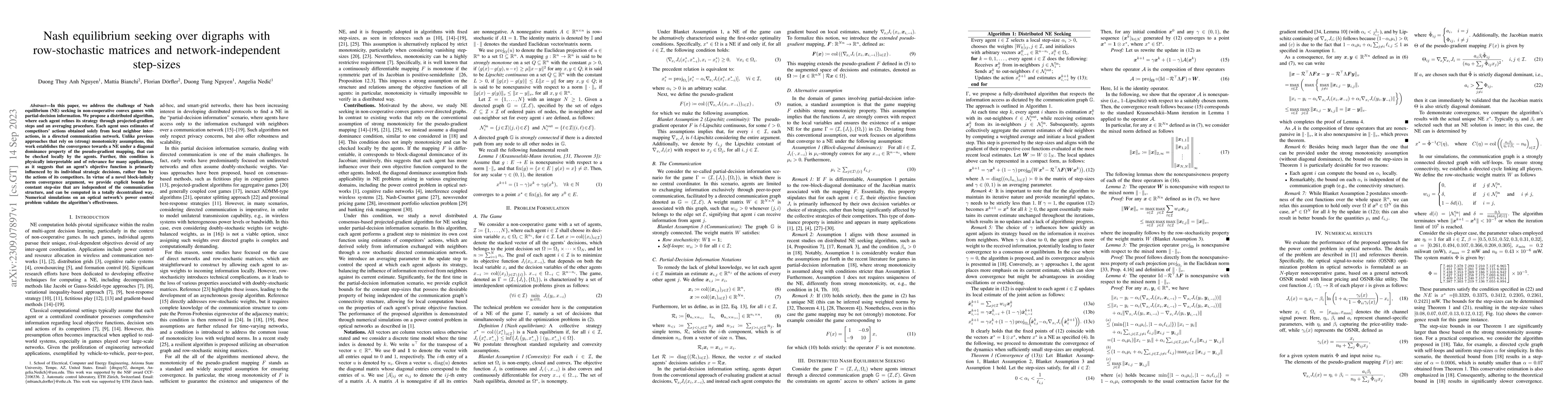 Thumbnail for Nash equilibrium seeking over digraphs with row-stochastic matrices and
  network-independent step-sizes