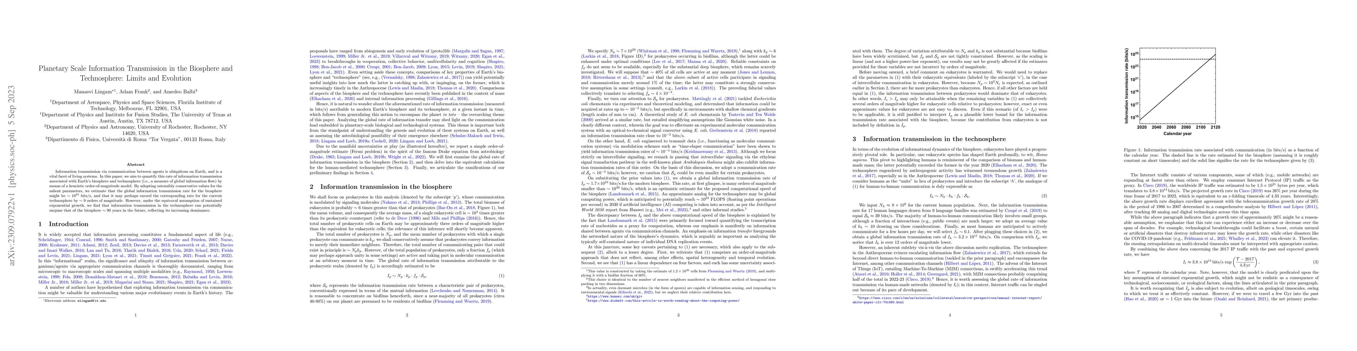 Thumbnail for Planetary Scale Information Transmission in the Biosphere and
  Technosphere: Limits and Evolution