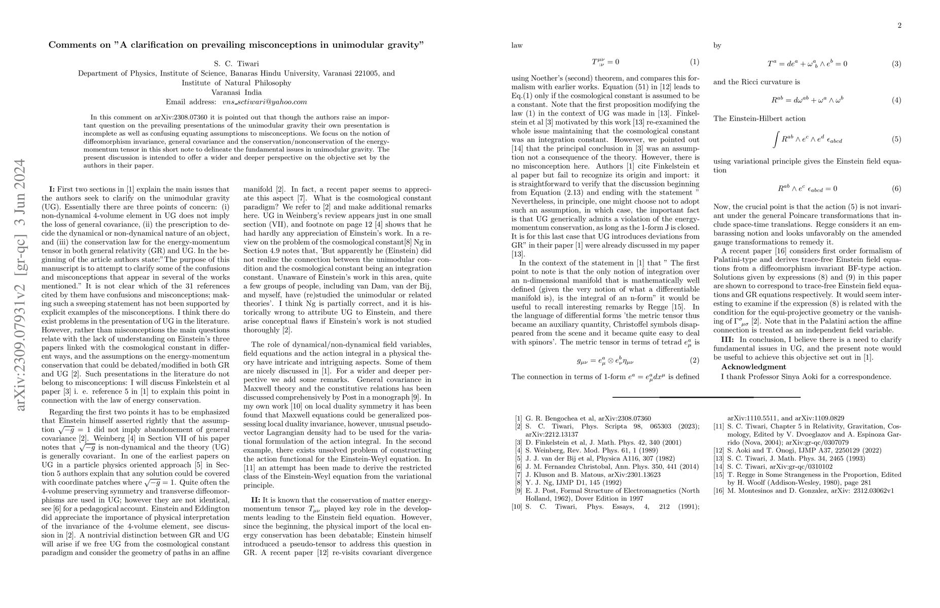 Thumbnail for Comments on "A clarification on prevailing misconceptions in unimodular
  gravity"