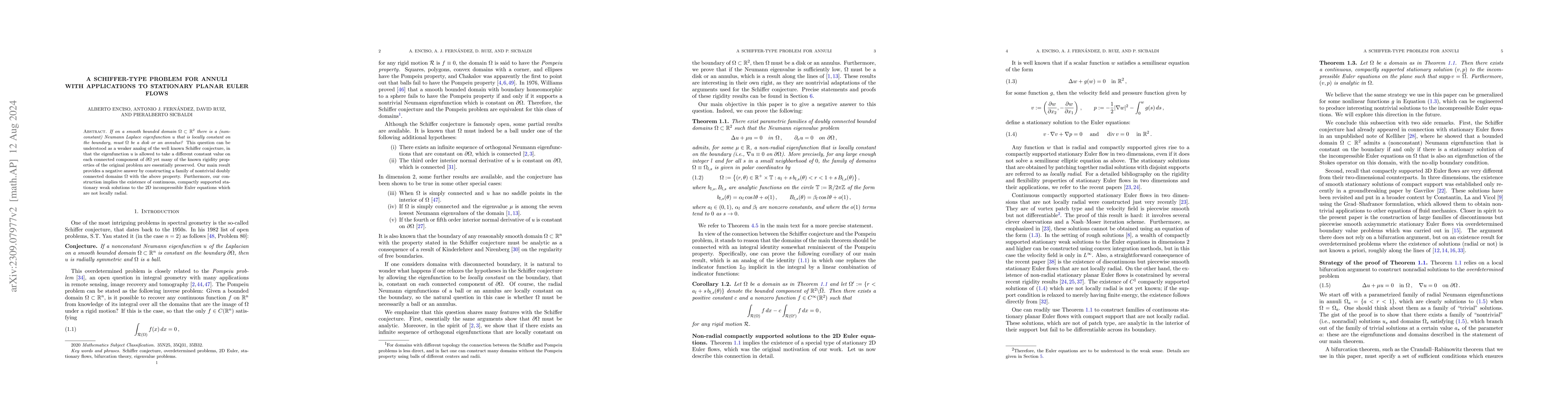 Thumbnail for A Schiffer-type problem for annuli with applications to stationary
  planar Euler flows