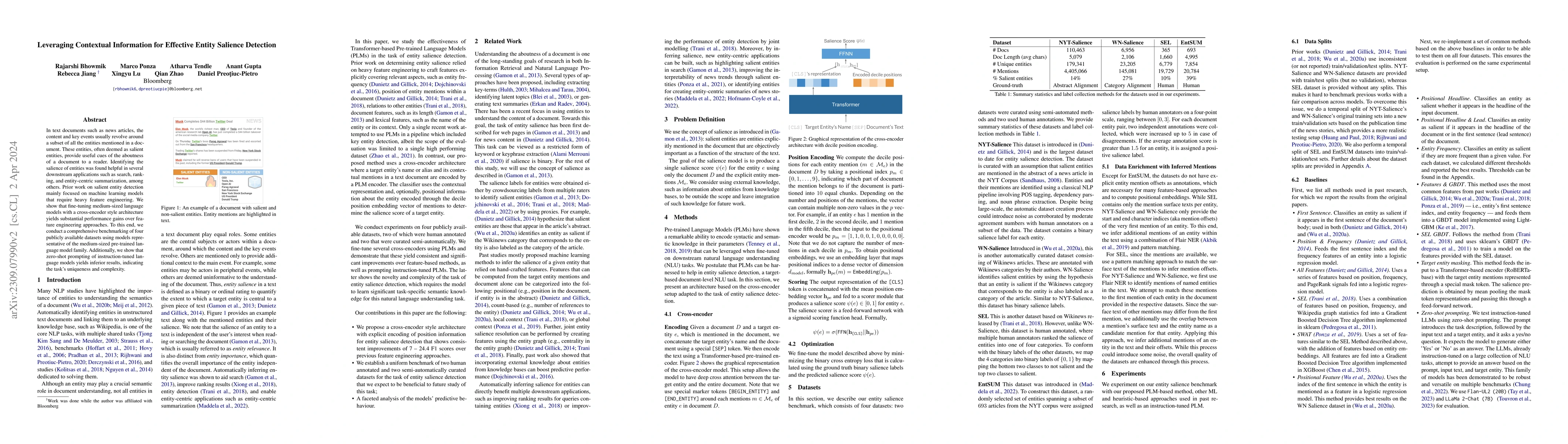 Thumbnail for Leveraging Contextual Information for Effective Entity Salience
  Detection