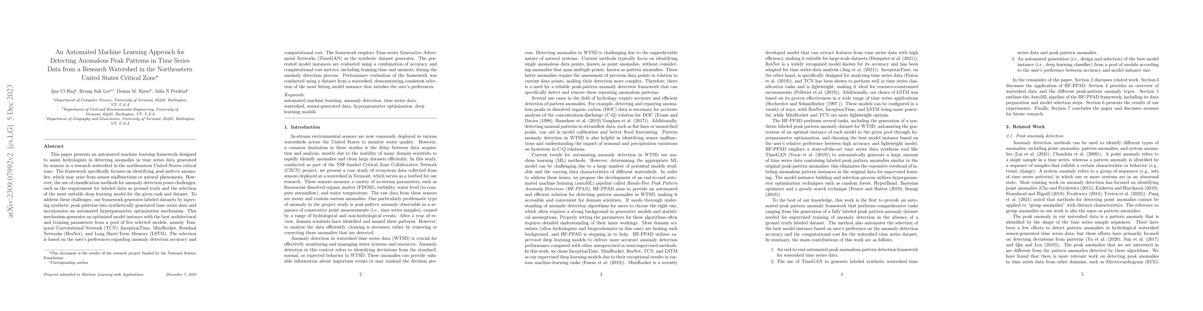 Thumbnail for An Automated Machine Learning Approach for Detecting Anomalous Peak
  Patterns in Time Series Data from a Research Watershed in the Northeastern
  United States Critical Zone