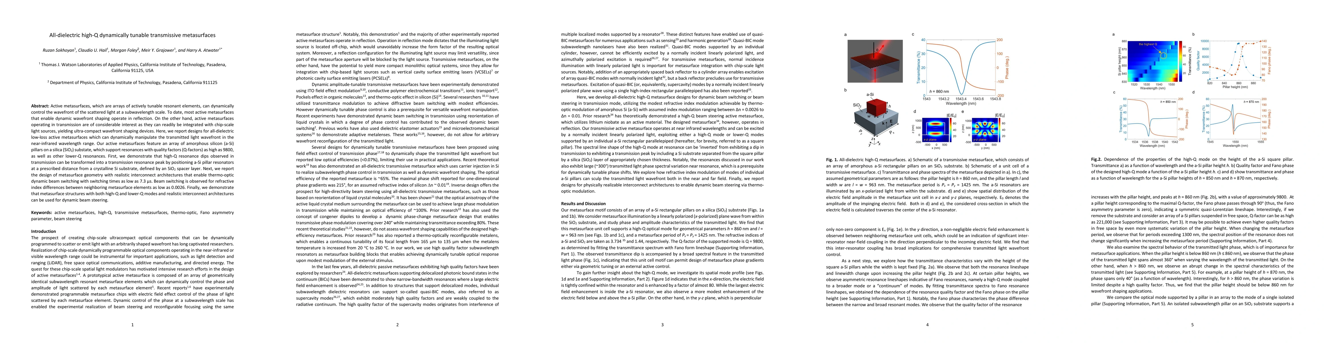 Thumbnail for All-dielectric high-Q dynamically tunable transmissive metasurfaces