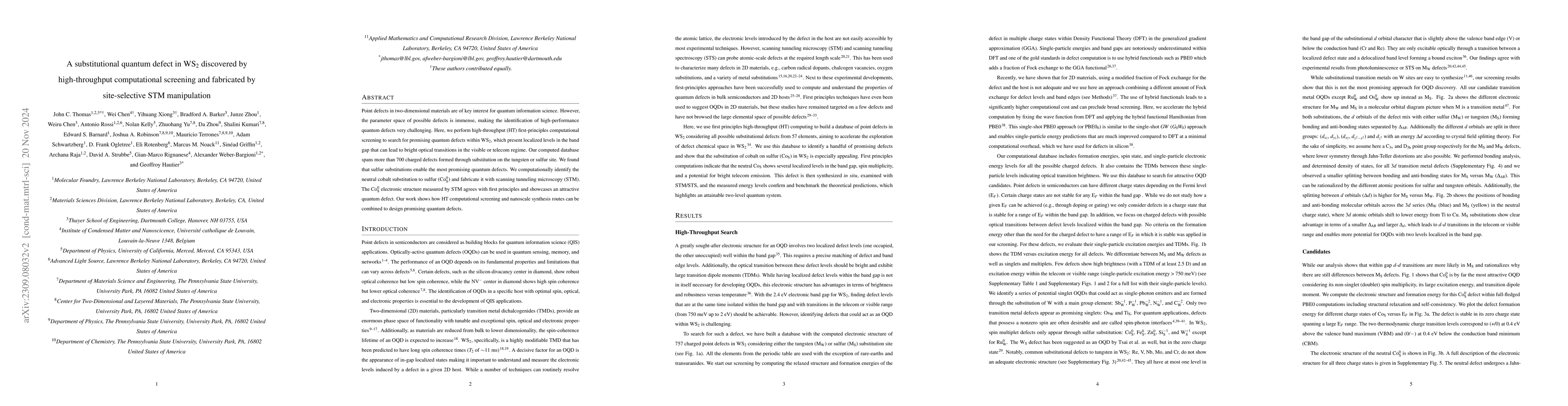 Thumbnail for A substitutional quantum defect in WS$_2$ discovered by high-throughput
  computational screening and fabricated by site-selective STM manipulation