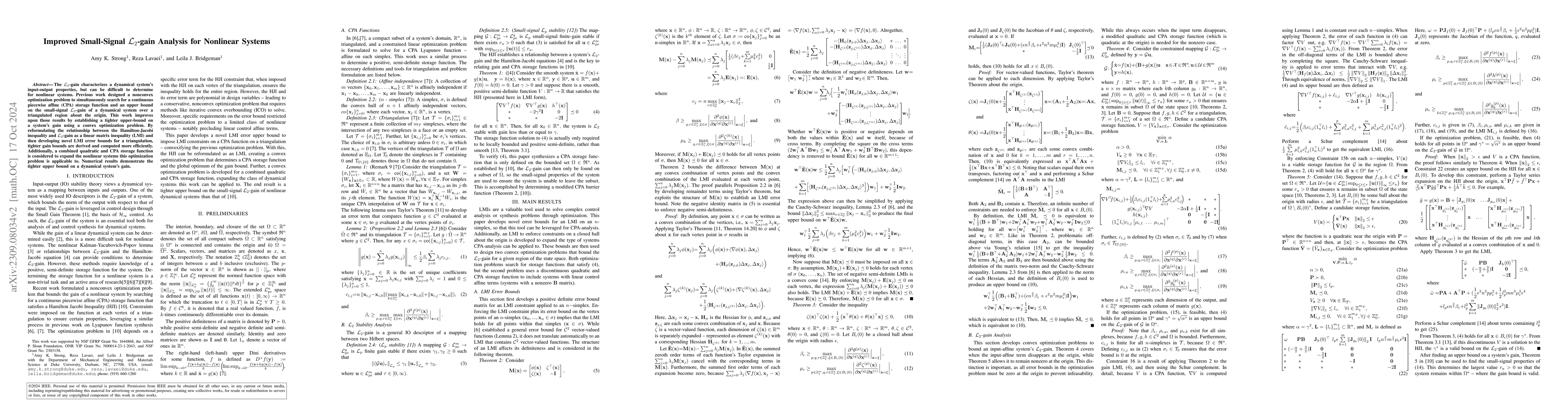 Thumbnail for Improved Small-Signal L2 Gain Analysis for Nonlinear Systems