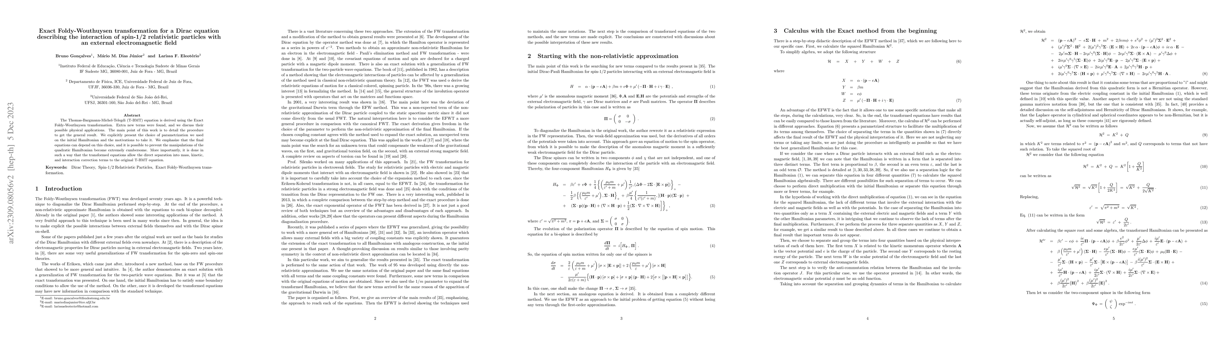 Thumbnail for Exact Foldy-Wouthuysen transformation for a Dirac equation describing
  the interaction of spin-1/2 relativistic particles with an external
  electromagnetic field