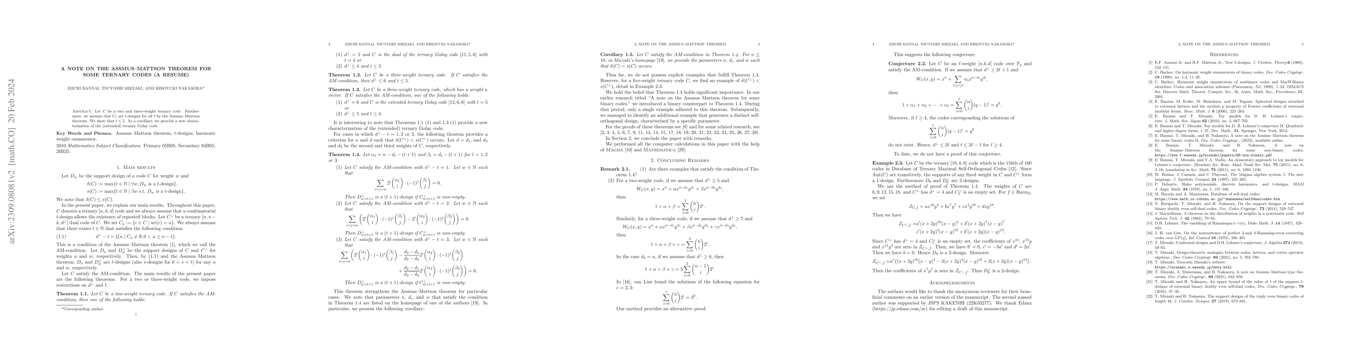 Thumbnail for A note on the Assmus--Mattson theorem for some ternary codes (a resume)