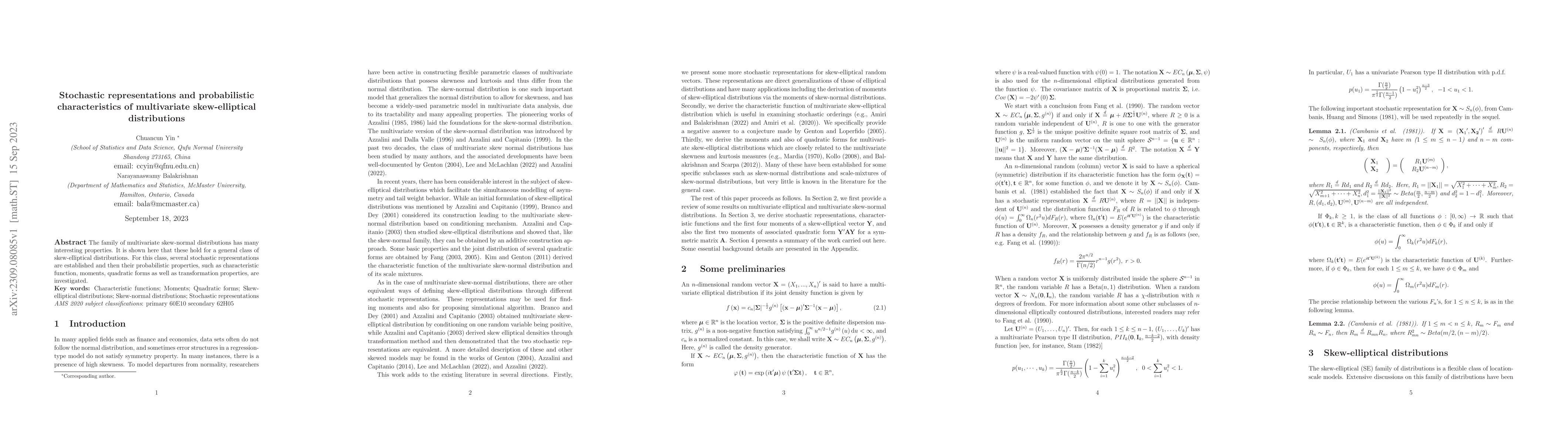 Thumbnail for Stochastic representations and probabilistic characteristics of
  multivariate skew-elliptical distributions