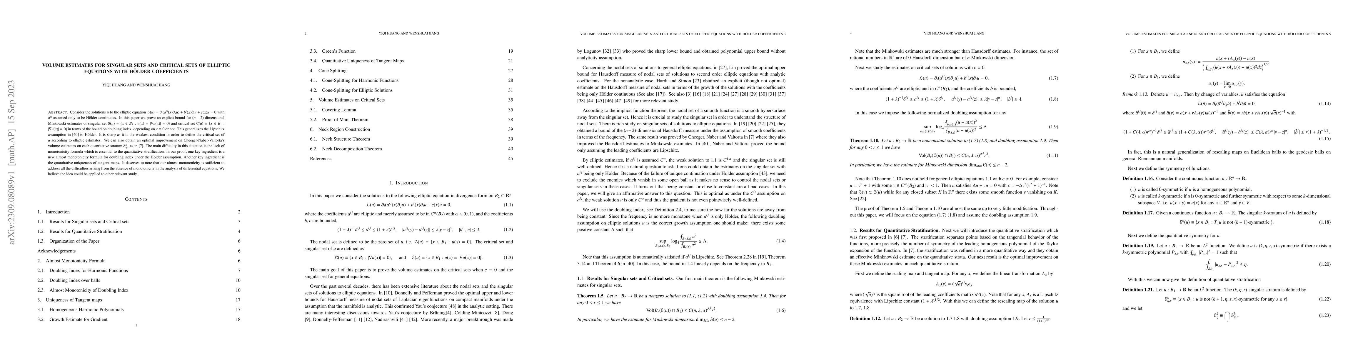 Thumbnail for Volume Estimates for Singular sets and Critical Sets of Elliptic
  Equations with H\"older Coefficients